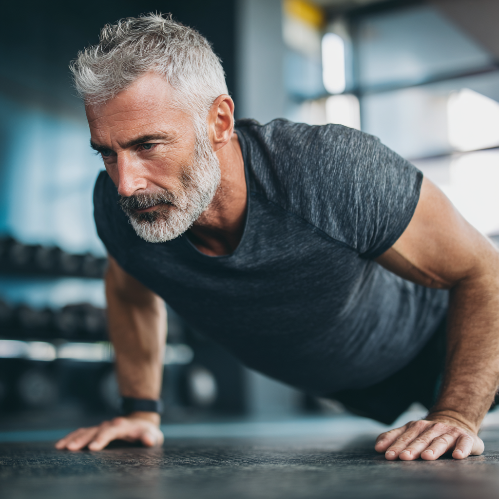 Confident mature man in his 50s performing a plank exercise in a modern gym, showcasing determination and strength in his fitness journey
